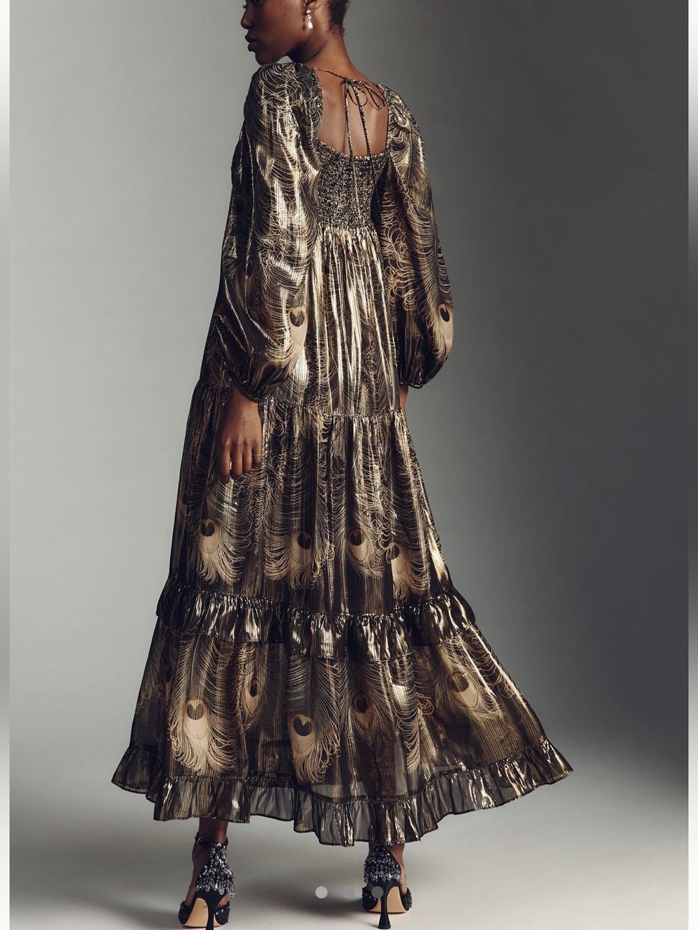🦚Anthropologie Long-Sleeve Metallic Babydoll Midi Dress NEW Black Gold Large